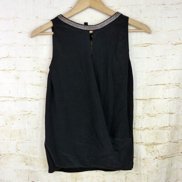 Maje Top Womens 1 US S Black Silk Draped Faux Wrap Sleeveless Embellished Neck - Picture 11 of 14